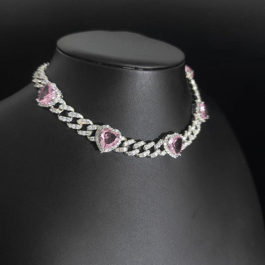 10Mm Pink Heart CZ Out Cuban Chain Necklace Hip Hop Prong Link Chain Choker Necklace Women KPOP Performance Jewerly Gldmen'Schain