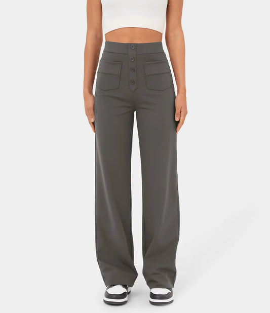 Fashion New Women'S Straight-Leg Casual Pants High-Waisted Buttoned Elastic Pockets Multiple Pockets Solid Pants