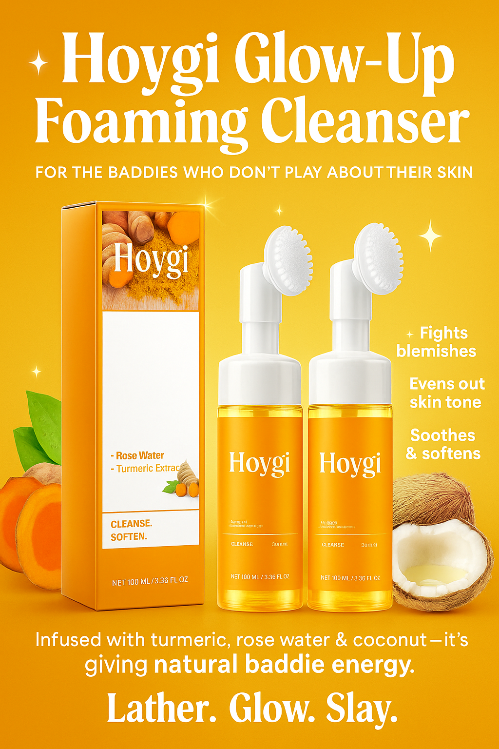 2 Pcs Hoygi Glow Wash Turmeric Face Wash with Brush, Deep Cleansing Facial.