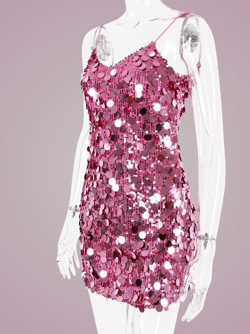 Buyoom Sparkling Sequin Spaghetti Strap Club Dress Sleeveless Comfort Floral Casual Light