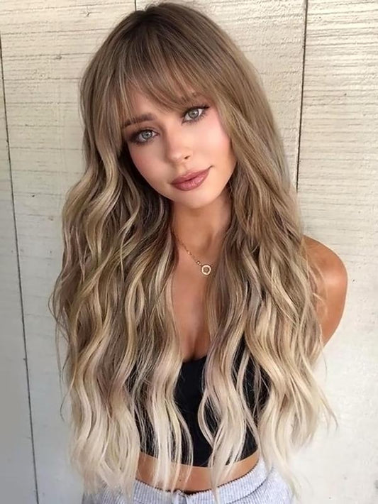 24 Inch Long Water Wavy Ombre Blonde Wigs for Women, Gorgeous Fluffy Wigs with Bangs, Synthetic Full Machine Heat Resistant Fiber Hair Wigs for Party, Daily Use